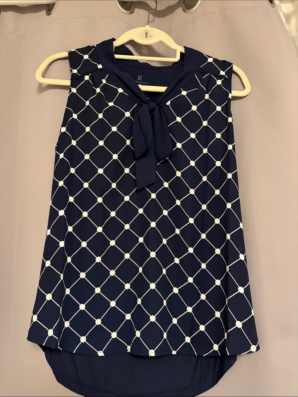 New York & Company Navy and White Tie-Neck Sleeveless Top